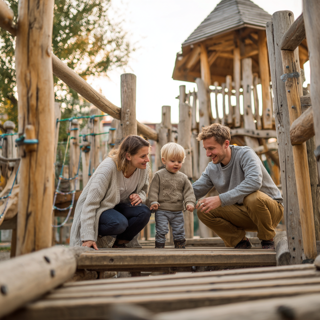 Rodina si so spokojnosťou prezerá novo nainštalované drevené ihrisko,