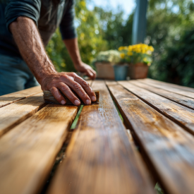 zahradný nábytok, stolár pokrýva stol lakom , ochrana proti poškodeniu a dlhoboá životnosť